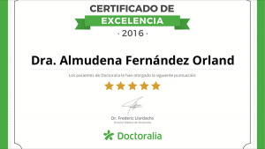 Certificado excelencia Doctoralia Dra. Almudena Fernández en 2016