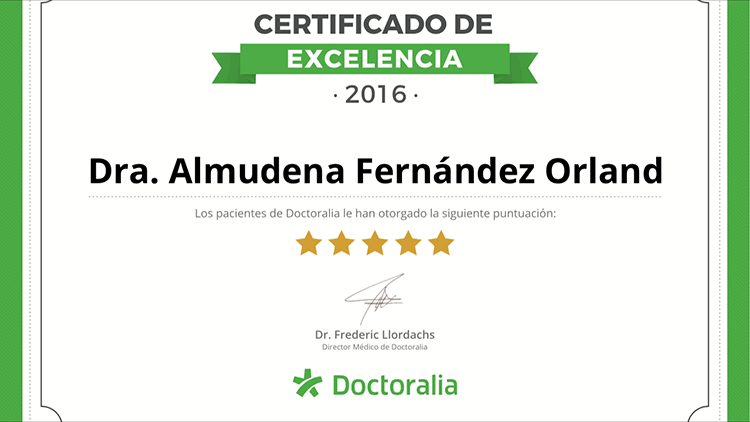 Certificado excelencia Doctoralia Dra. Almudena Fernández en 2016